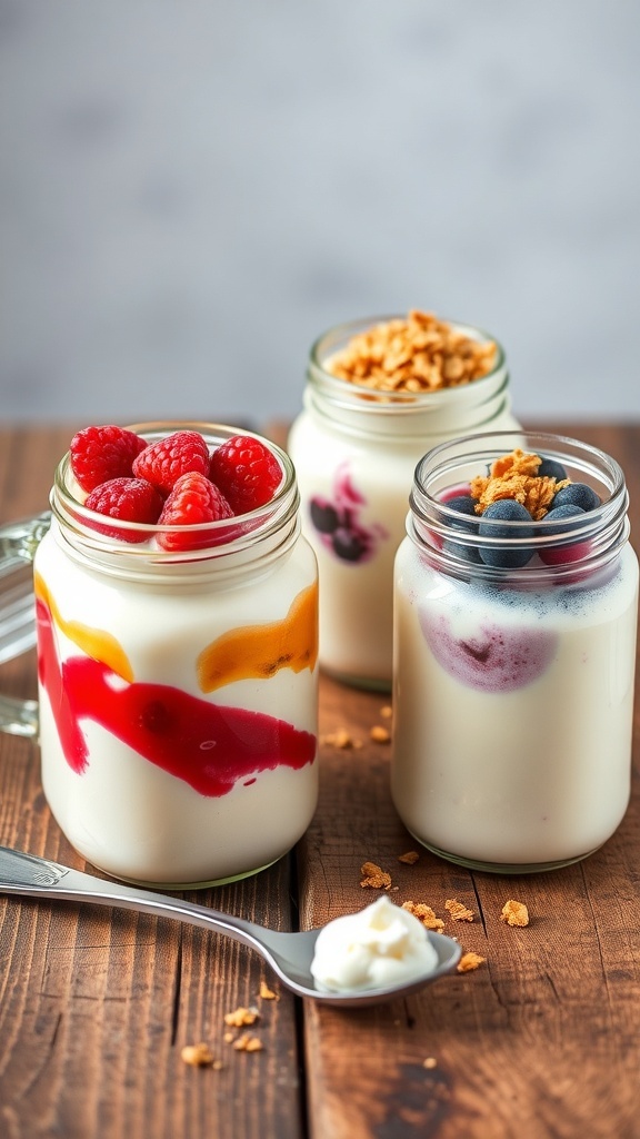 Homemade Yogurt 4-Pack Recipe Four jars of homemade yogurt with various toppings like berries and honey on a wooden table.